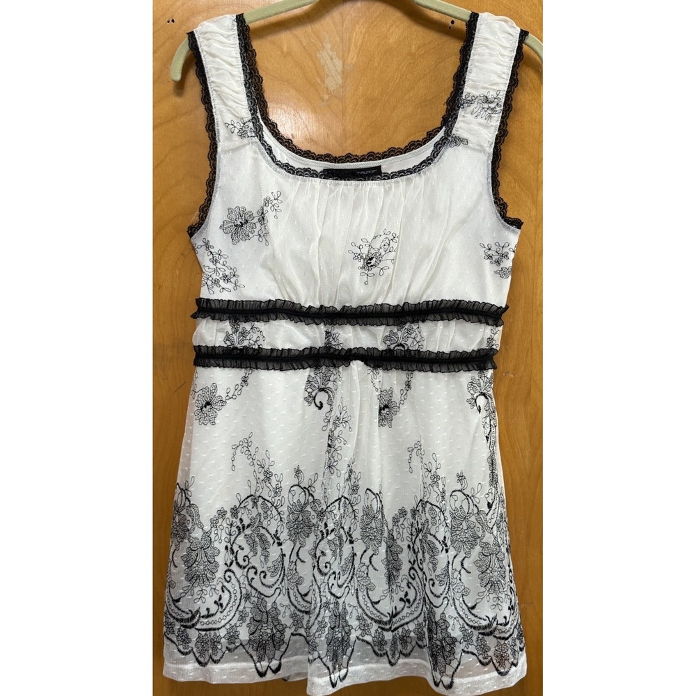 Y2K Empire Waist Floral Embroidered Overlay Lace Trim Babydoll Whimsigoth Size M